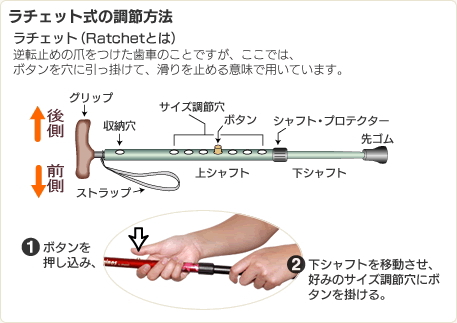 ラチェットボタン式による長さ調節タイプの杖