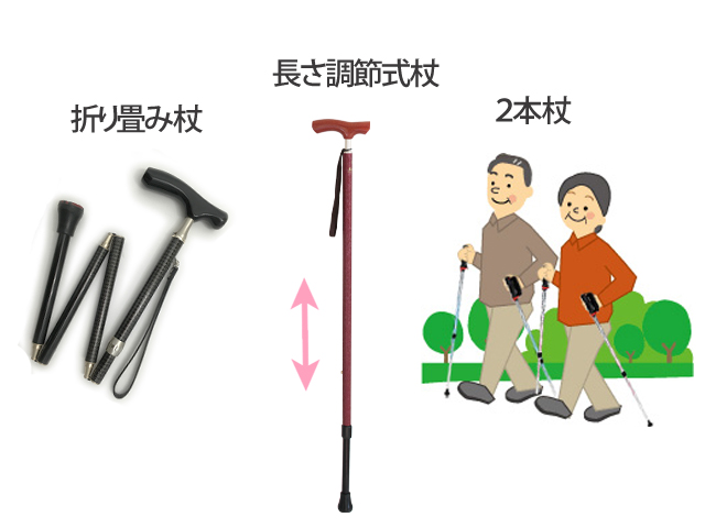 折り畳み杖、長さ調節式杖、２本杖。どれを選びますか？